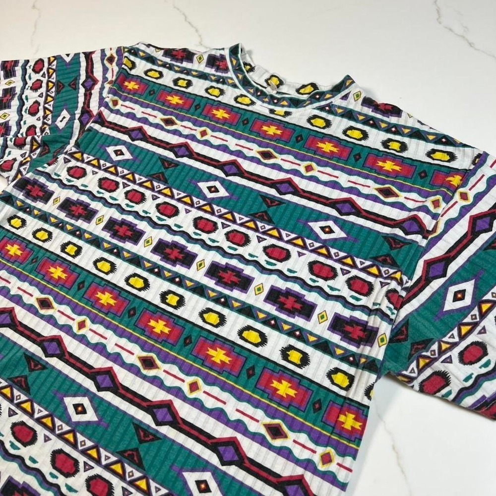 Unbranded Ribbed Tribal Geometric Print T-Shirt Mens XL Teal Purple 90s Vintage